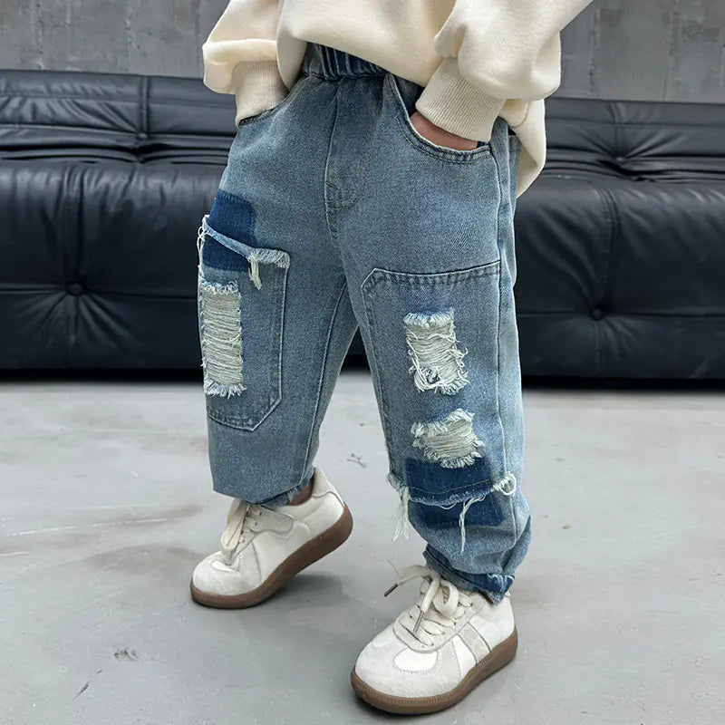 2024 Spring Boys' Ripped Denim Street Style Pants