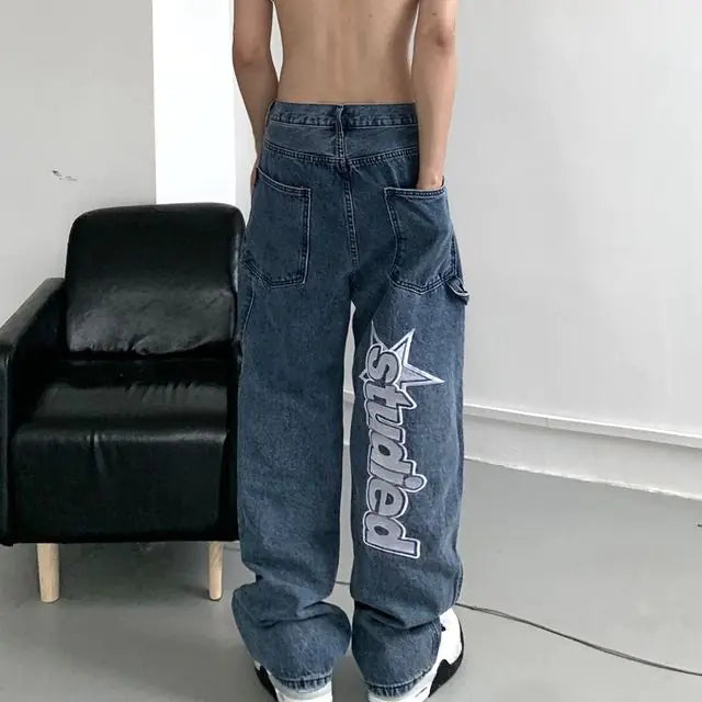 Retro Hip-Hop Embroidered Y2K Wide Leg Jeans for Couples