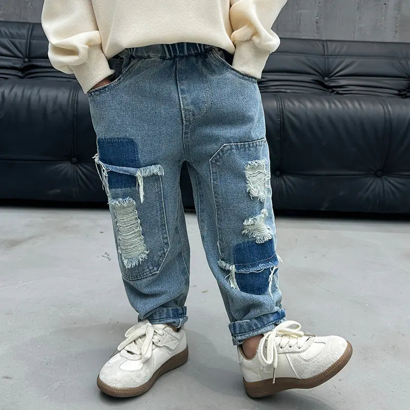 2024 Spring Boys' Ripped Denim Street Style Pants