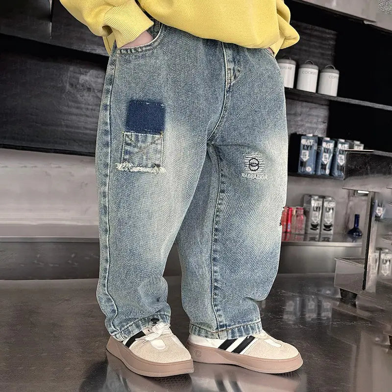 2024 Spring Boys' Embroidered Washed Denim Pants