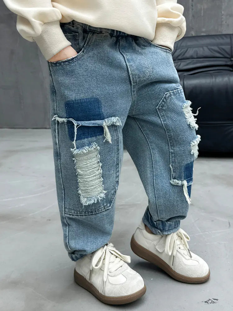 2024 Spring Boys' Ripped Denim Street Style Pants
