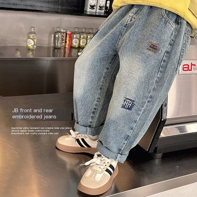 2024 Spring Boys' Embroidered Washed Denim Pants