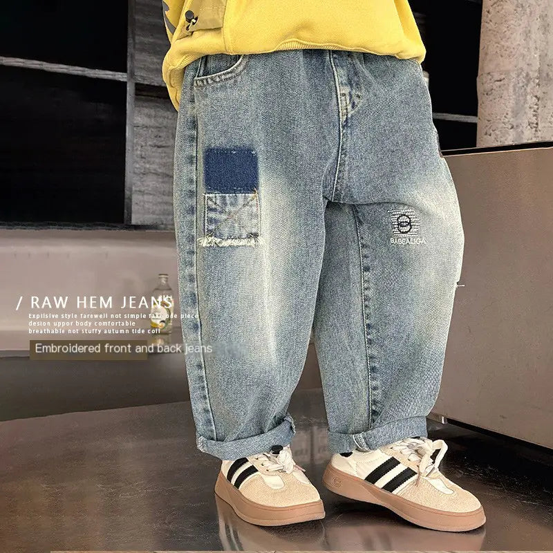 2024 Spring Boys' Embroidered Washed Denim Pants