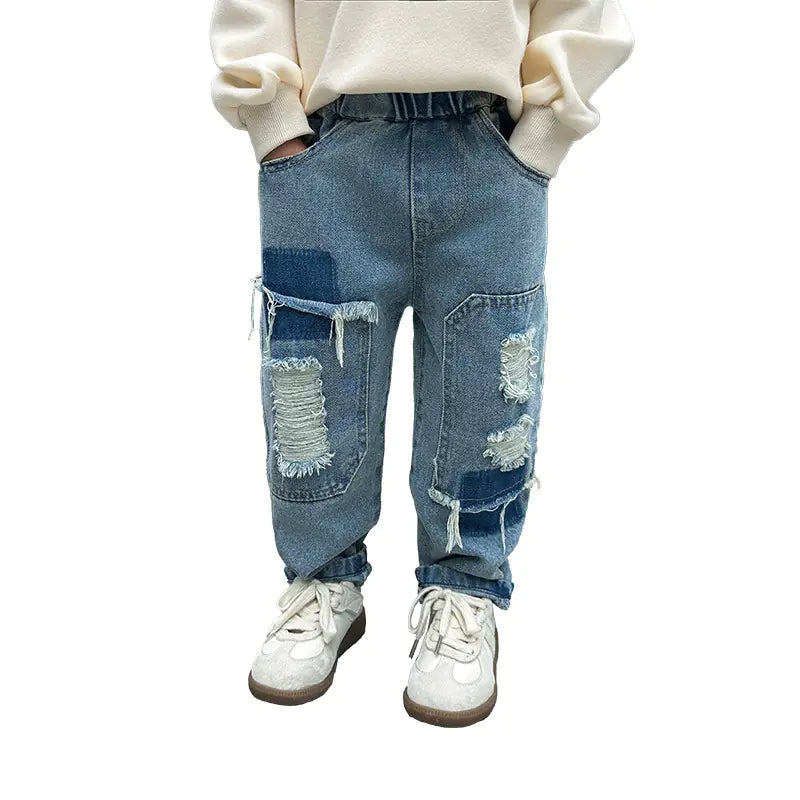 2024 Spring Boys' Ripped Denim Street Style Pants